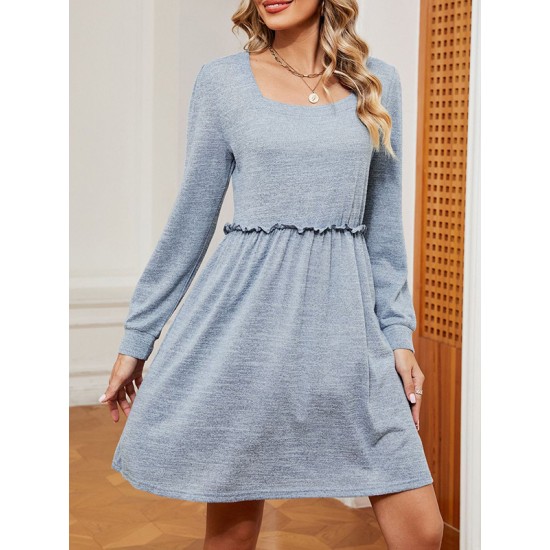 Pleated Solid Color A-Line Long Sleeves Square-Neck Mini Dresses Pleated Solid Color A-Line Long Sleeves Square-Neck Mini Dresses