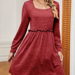 Pleated Solid Color A-Line Long Sleeves Square-Neck Mini Dresses