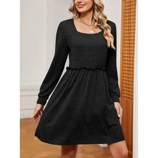 Pleated Solid Color A-Line Long Sleeves Square-Neck Mini Dresses Pleated Solid Color A-Line Long Sleeves Square-Neck Mini Dresses