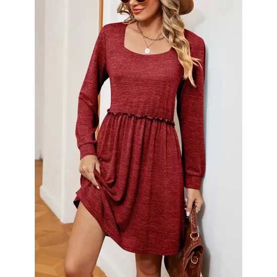 Pleated Solid Color A-Line Long Sleeves Square-Neck Mini Dresses Pleated Solid Color A-Line Long Sleeves Square-Neck Mini Dresses