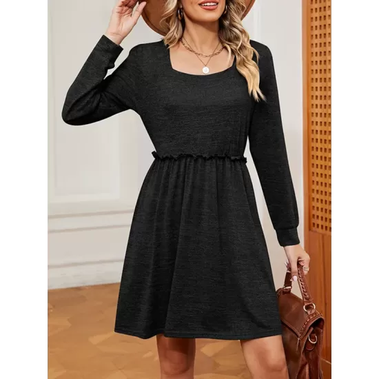 Pleated Solid Color A-Line Long Sleeves Square-Neck Mini Dresses Pleated Solid Color A-Line Long Sleeves Square-Neck Mini Dresses
