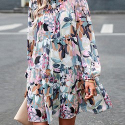 Printed Split-Joint Tied A-Line High Waisted Mock Neck Mini Dresses