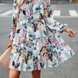 Printed Split-Joint Tied A-Line High Waisted Mock Neck Mini Dresses