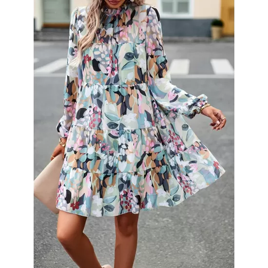 Printed Split-Joint Tied A-Line High Waisted Mock Neck Mini Dresses Printed Split-Joint Tied A-Line High Waisted Mock Neck Mini Dresses