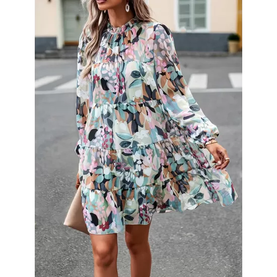 Printed Split-Joint Tied A-Line High Waisted Mock Neck Mini Dresses Printed Split-Joint Tied A-Line High Waisted Mock Neck Mini Dresses
