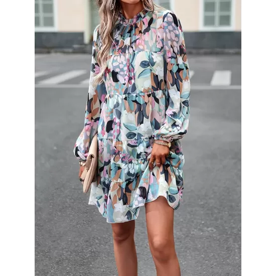 Printed Split-Joint Tied A-Line High Waisted Mock Neck Mini Dresses Printed Split-Joint Tied A-Line High Waisted Mock Neck Mini Dresses