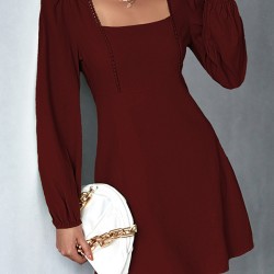 Solid Color Split-Joint A-Line High Waisted Square-Neck Mini Dresses