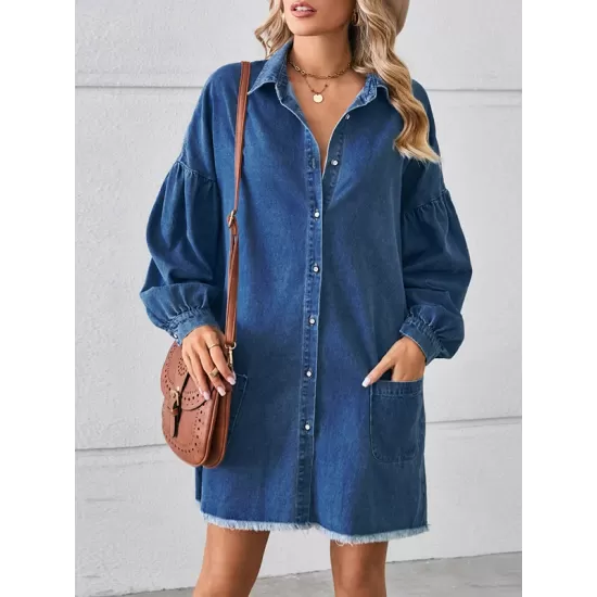 Buttoned Fringed Pleated Pockets Split-Joint Long Sleeves Loose Lapel Mini Dresses Buttoned Fringed Pleated Pockets Split-Joint Long Sleeves Loose Lapel Mini Dresses