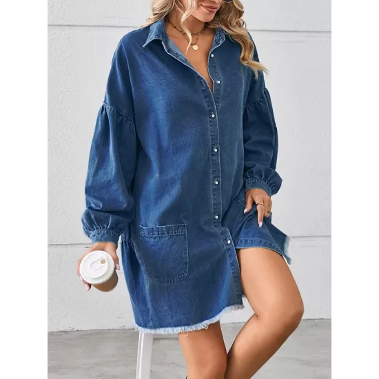 Buttoned Fringed Pleated Pockets Split-Joint Long Sleeves Loose Lapel Mini Dresses Buttoned Fringed Pleated Pockets Split-Joint Long Sleeves Loose Lapel Mini Dresses