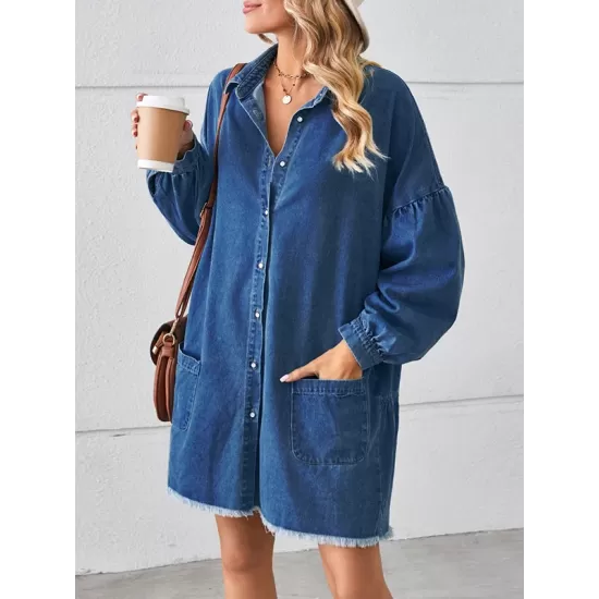 Buttoned Fringed Pleated Pockets Split-Joint Long Sleeves Loose Lapel Mini Dresses Buttoned Fringed Pleated Pockets Split-Joint Long Sleeves Loose Lapel Mini Dresses