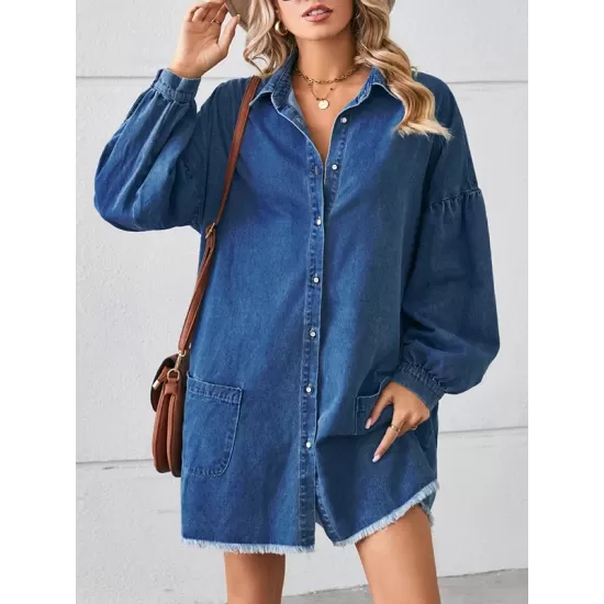 Buttoned Fringed Pleated Pockets Split-Joint Long Sleeves Loose Lapel Mini Dresses Buttoned Fringed Pleated Pockets Split-Joint Long Sleeves Loose Lapel Mini Dresses