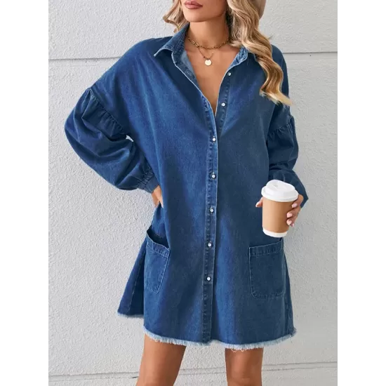 Buttoned Fringed Pleated Pockets Split-Joint Long Sleeves Loose Lapel Mini Dresses Buttoned Fringed Pleated Pockets Split-Joint Long Sleeves Loose Lapel Mini Dresses