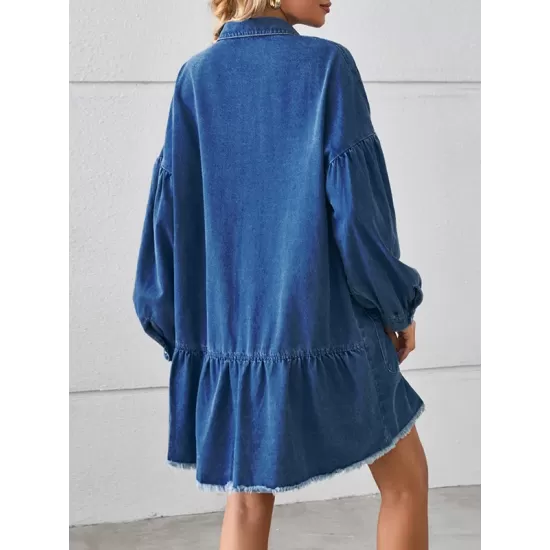 Buttoned Fringed Pleated Pockets Split-Joint Long Sleeves Loose Lapel Mini Dresses Buttoned Fringed Pleated Pockets Split-Joint Long Sleeves Loose Lapel Mini Dresses