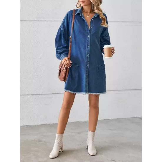 Buttoned Fringed Pleated Pockets Split-Joint Long Sleeves Loose Lapel Mini Dresses Buttoned Fringed Pleated Pockets Split-Joint Long Sleeves Loose Lapel Mini Dresses