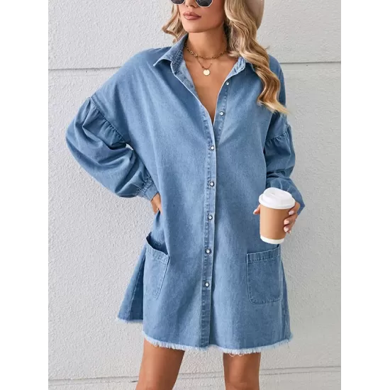 Buttoned Fringed Pleated Pockets Split-Joint Long Sleeves Loose Lapel Mini Dresses Buttoned Fringed Pleated Pockets Split-Joint Long Sleeves Loose Lapel Mini Dresses