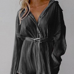 Buttoned Pleated Solid Color Tied Waist Long Sleeves Lapel Shirt Dress Mini Dresses