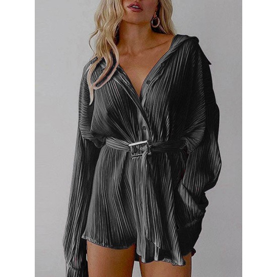 Buttoned Pleated Solid Color Tied Waist Long Sleeves Lapel Shirt Dress Mini Dresses Buttoned Pleated Solid Color Tied Waist Long Sleeves Lapel Shirt Dress Mini Dresses