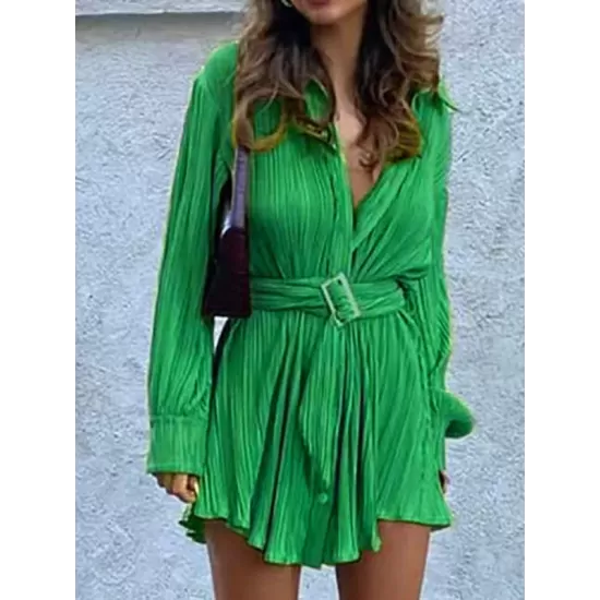 Buttoned Pleated Solid Color Tied Waist Long Sleeves Lapel Shirt Dress Mini Dresses Buttoned Pleated Solid Color Tied Waist Long Sleeves Lapel Shirt Dress Mini Dresses