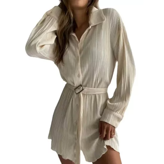Buttoned Pleated Solid Color Tied Waist Long Sleeves Lapel Shirt Dress Mini Dresses Buttoned Pleated Solid Color Tied Waist Long Sleeves Lapel Shirt Dress Mini Dresses