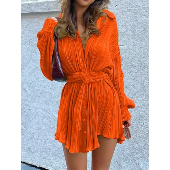 Buttoned Pleated Solid Color Tied Waist Long Sleeves Lapel Shirt Dress Mini Dresses Buttoned Pleated Solid Color Tied Waist Long Sleeves Lapel Shirt Dress Mini Dresses