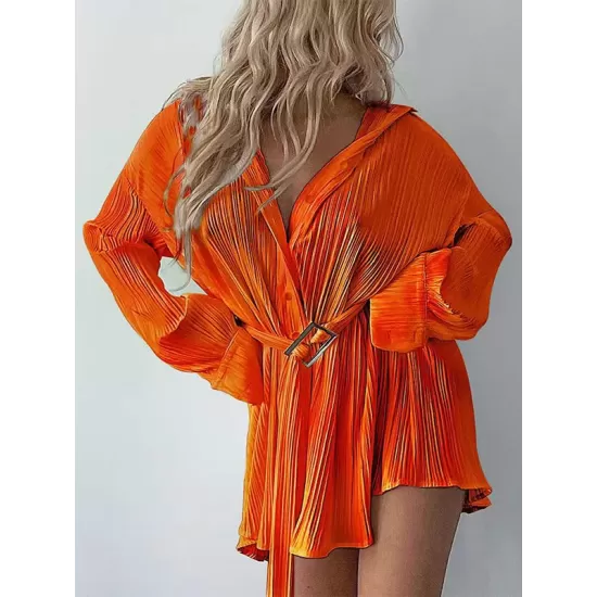 Buttoned Pleated Solid Color Tied Waist Long Sleeves Lapel Shirt Dress Mini Dresses Buttoned Pleated Solid Color Tied Waist Long Sleeves Lapel Shirt Dress Mini Dresses