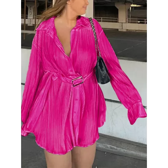 Buttoned Pleated Solid Color Tied Waist Long Sleeves Lapel Shirt Dress Mini Dresses Buttoned Pleated Solid Color Tied Waist Long Sleeves Lapel Shirt Dress Mini Dresses