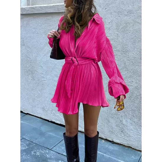 Buttoned Pleated Solid Color Tied Waist Long Sleeves Lapel Shirt Dress Mini Dresses Buttoned Pleated Solid Color Tied Waist Long Sleeves Lapel Shirt Dress Mini Dresses