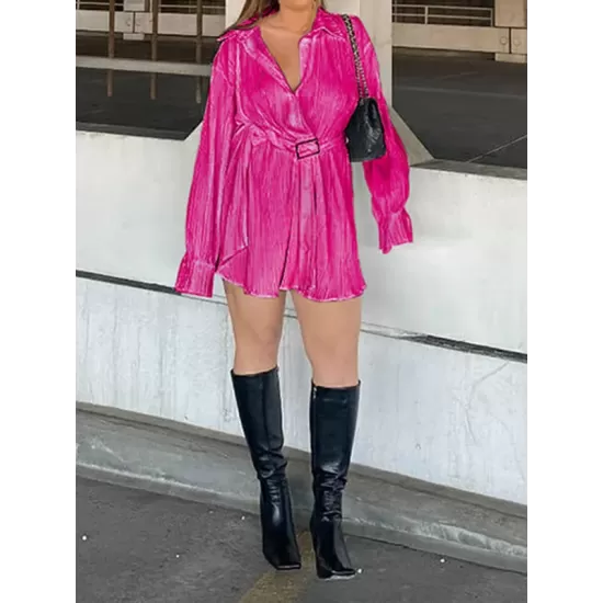Buttoned Pleated Solid Color Tied Waist Long Sleeves Lapel Shirt Dress Mini Dresses Buttoned Pleated Solid Color Tied Waist Long Sleeves Lapel Shirt Dress Mini Dresses