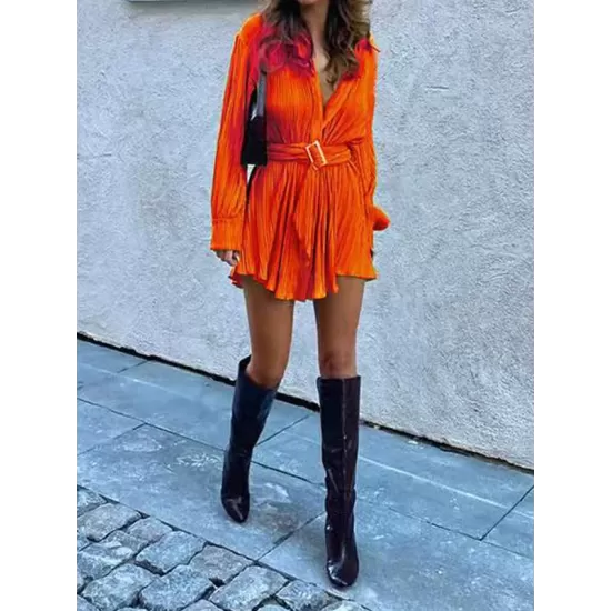 Buttoned Pleated Solid Color Tied Waist Long Sleeves Lapel Shirt Dress Mini Dresses Buttoned Pleated Solid Color Tied Waist Long Sleeves Lapel Shirt Dress Mini Dresses
