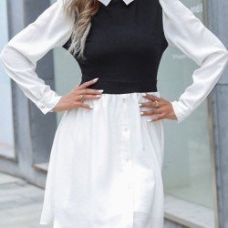 Buttoned Hollow Split-Joint A-Line High Waisted Lapel Mini Dresses