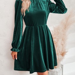 Hollow Ruffled Solid Color Velvet A-Line High Waisted Mock Neck Mini Dresses
