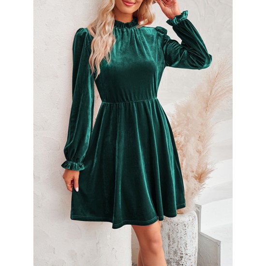 Hollow Ruffled Solid Color Velvet A-Line High Waisted Mock Neck Mini Dresses Hollow Ruffled Solid Color Velvet A-Line High Waisted Mock Neck Mini Dresses