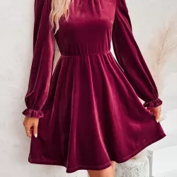 Hollow Ruffled Solid Color Velvet A-Line High Waisted Mock Neck Mini Dresses