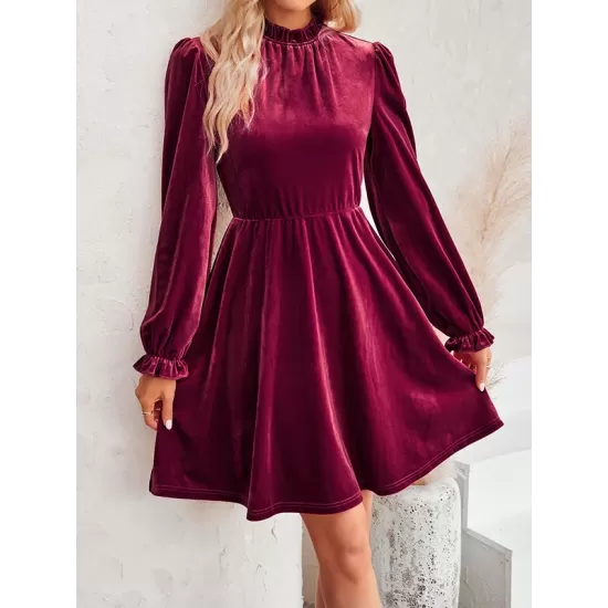 Hollow Ruffled Solid Color Velvet A-Line High Waisted Mock Neck Mini Dresses Hollow Ruffled Solid Color Velvet A-Line High Waisted Mock Neck Mini Dresses