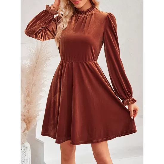 Hollow Ruffled Solid Color Velvet A-Line High Waisted Mock Neck Mini Dresses Hollow Ruffled Solid Color Velvet A-Line High Waisted Mock Neck Mini Dresses