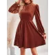 Hollow Ruffled Solid Color Velvet A-Line High Waisted Mock Neck Mini Dresses Hollow Ruffled Solid Color Velvet A-Line High Waisted Mock Neck Mini Dresses