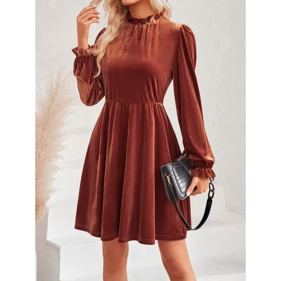 Hollow Ruffled Solid Color Velvet A-Line High Waisted Mock Neck Mini Dresses Hollow Ruffled Solid Color Velvet A-Line High Waisted Mock Neck Mini Dresses