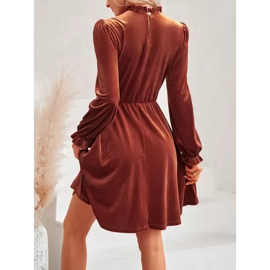 Hollow Ruffled Solid Color Velvet A-Line High Waisted Mock Neck Mini Dresses Hollow Ruffled Solid Color Velvet A-Line High Waisted Mock Neck Mini Dresses