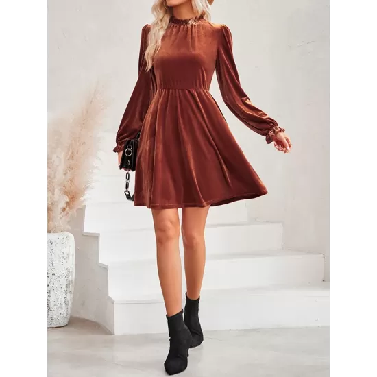 Hollow Ruffled Solid Color Velvet A-Line High Waisted Mock Neck Mini Dresses Hollow Ruffled Solid Color Velvet A-Line High Waisted Mock Neck Mini Dresses