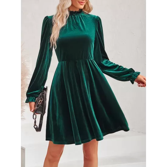 Hollow Ruffled Solid Color Velvet A-Line High Waisted Mock Neck Mini Dresses Hollow Ruffled Solid Color Velvet A-Line High Waisted Mock Neck Mini Dresses