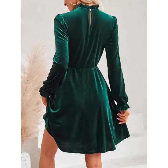 Hollow Ruffled Solid Color Velvet A-Line High Waisted Mock Neck Mini Dresses Hollow Ruffled Solid Color Velvet A-Line High Waisted Mock Neck Mini Dresses
