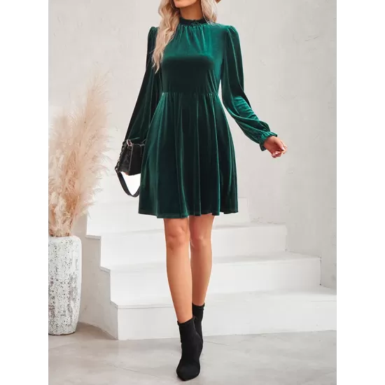 Hollow Ruffled Solid Color Velvet A-Line High Waisted Mock Neck Mini Dresses Hollow Ruffled Solid Color Velvet A-Line High Waisted Mock Neck Mini Dresses