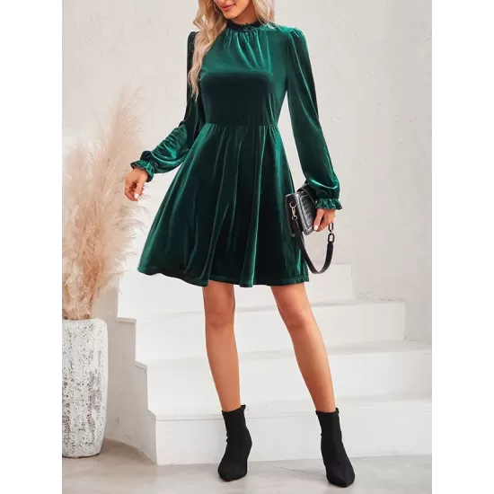 Hollow Ruffled Solid Color Velvet A-Line High Waisted Mock Neck Mini Dresses Hollow Ruffled Solid Color Velvet A-Line High Waisted Mock Neck Mini Dresses
