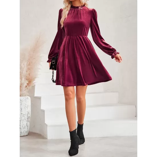 Hollow Ruffled Solid Color Velvet A-Line High Waisted Mock Neck Mini Dresses Hollow Ruffled Solid Color Velvet A-Line High Waisted Mock Neck Mini Dresses