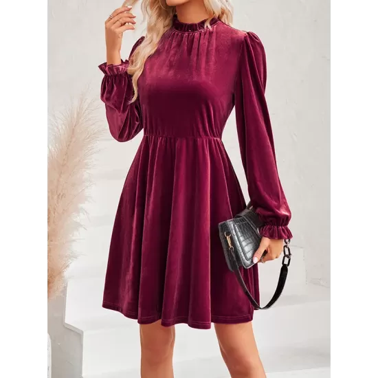 Hollow Ruffled Solid Color Velvet A-Line High Waisted Mock Neck Mini Dresses Hollow Ruffled Solid Color Velvet A-Line High Waisted Mock Neck Mini Dresses
