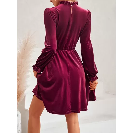Hollow Ruffled Solid Color Velvet A-Line High Waisted Mock Neck Mini Dresses Hollow Ruffled Solid Color Velvet A-Line High Waisted Mock Neck Mini Dresses
