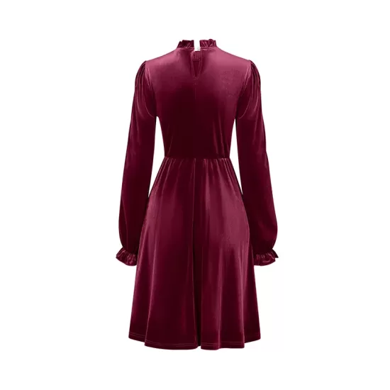Hollow Ruffled Solid Color Velvet A-Line High Waisted Mock Neck Mini Dresses Hollow Ruffled Solid Color Velvet A-Line High Waisted Mock Neck Mini Dresses