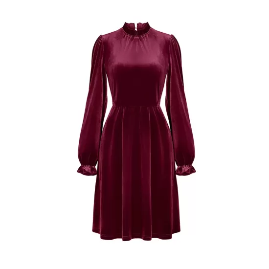 Hollow Ruffled Solid Color Velvet A-Line High Waisted Mock Neck Mini Dresses Hollow Ruffled Solid Color Velvet A-Line High Waisted Mock Neck Mini Dresses