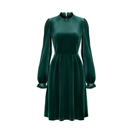 Hollow Ruffled Solid Color Velvet A-Line High Waisted Mock Neck Mini Dresses Hollow Ruffled Solid Color Velvet A-Line High Waisted Mock Neck Mini Dresses