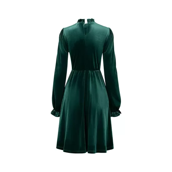 Hollow Ruffled Solid Color Velvet A-Line High Waisted Mock Neck Mini Dresses Hollow Ruffled Solid Color Velvet A-Line High Waisted Mock Neck Mini Dresses